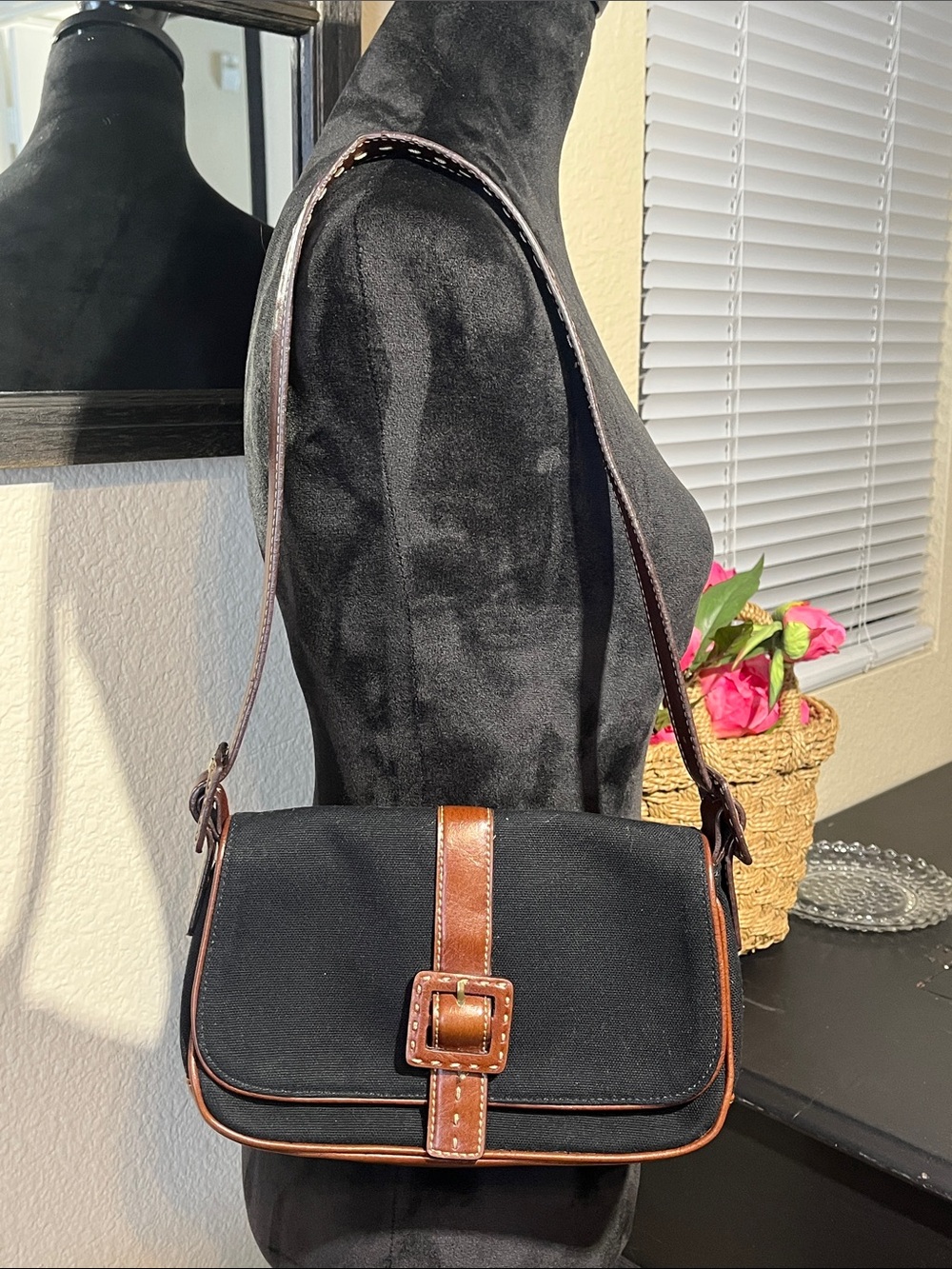 vintage Jones New York Black Canvas Bag with Brown Leather Trim Rare
